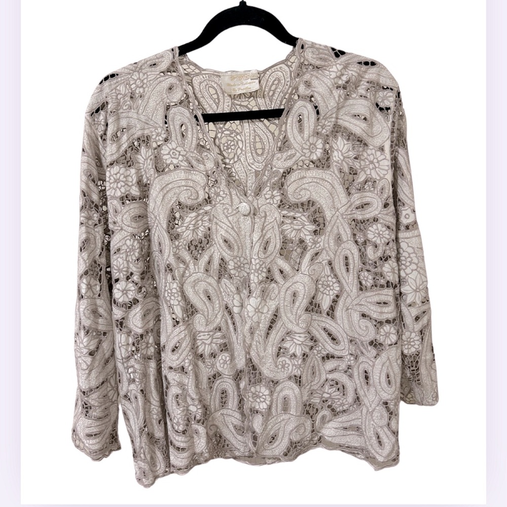 Vintage Boho Floral Appliqué Open Weave Kimono Jacket | Purple/White | Size L